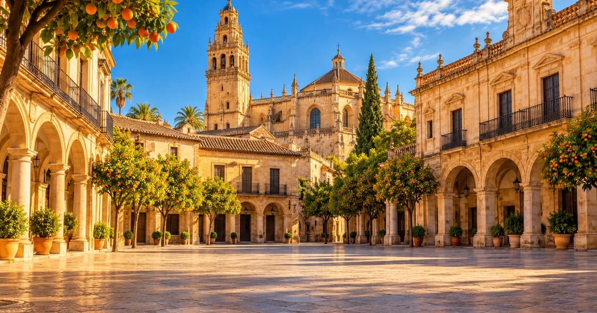Illustration of a sunlit Spanish town plaza with a bell tower