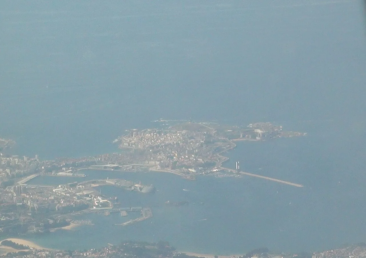 Hazy aerial view of A Coruña on its peninsula.