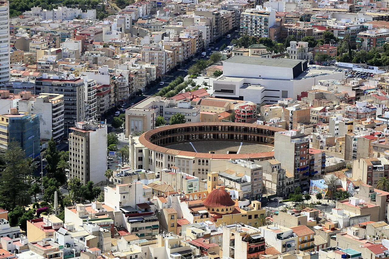 The Plaza de Toros and city blocks of Alicante seen from Santa Bárbara Castle.
