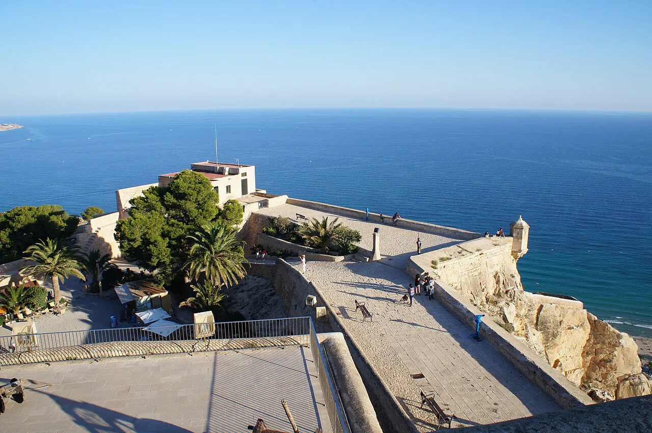 The terraces and fortifications of Santa Bárbara Castle above the sea, Alicante.