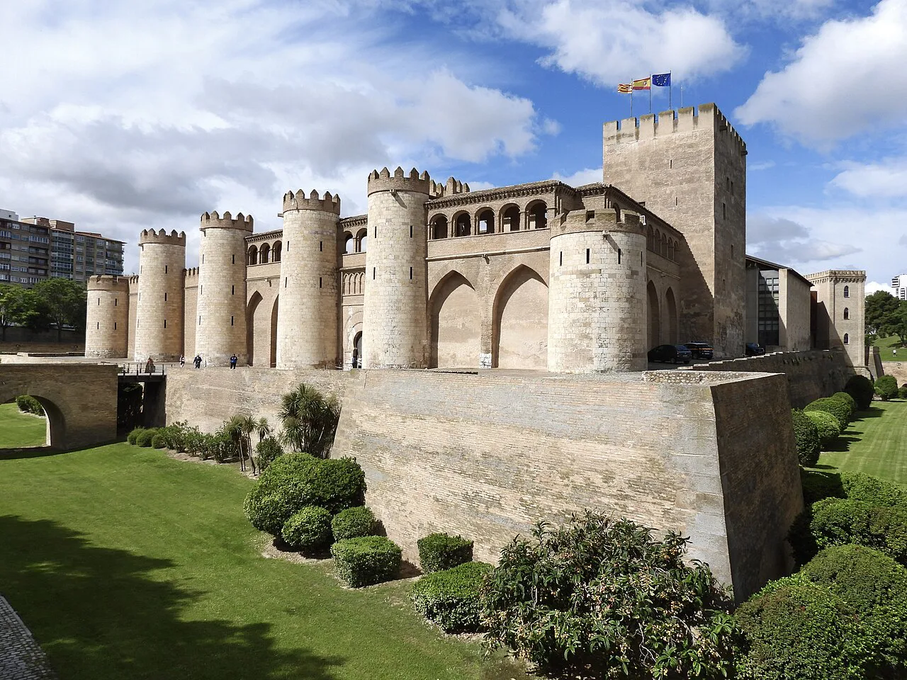 The south-east corner and moat of the Aljafería Palace, Zaragoza.