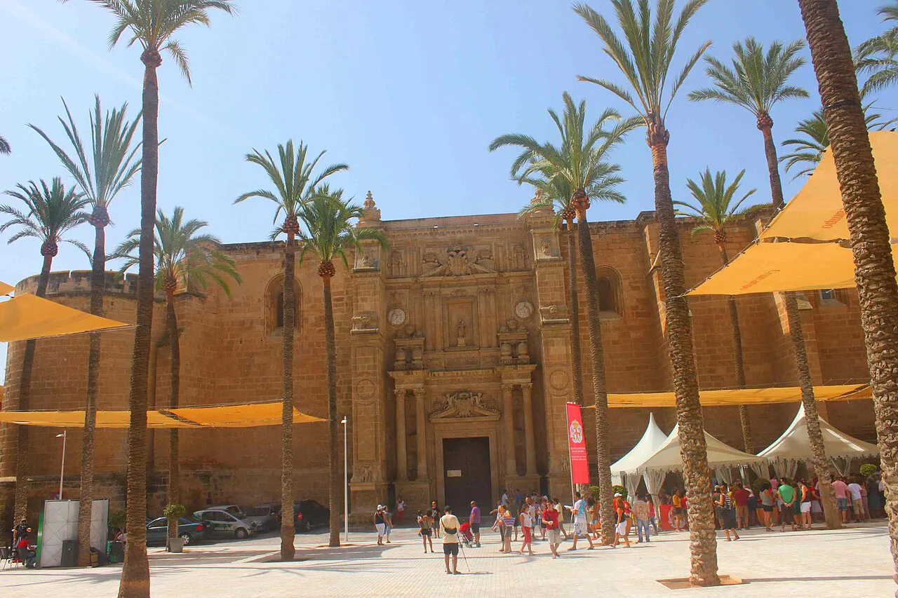 Almería Cathedral and palms on the Plaza de la Catedral.