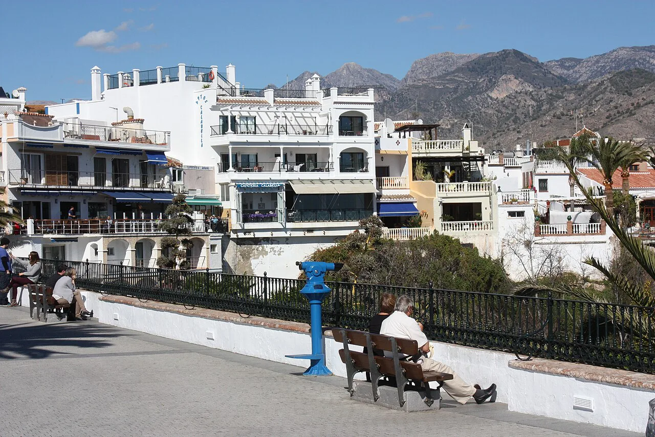 The Balcón de Europa in Nerja with the mountains behind.