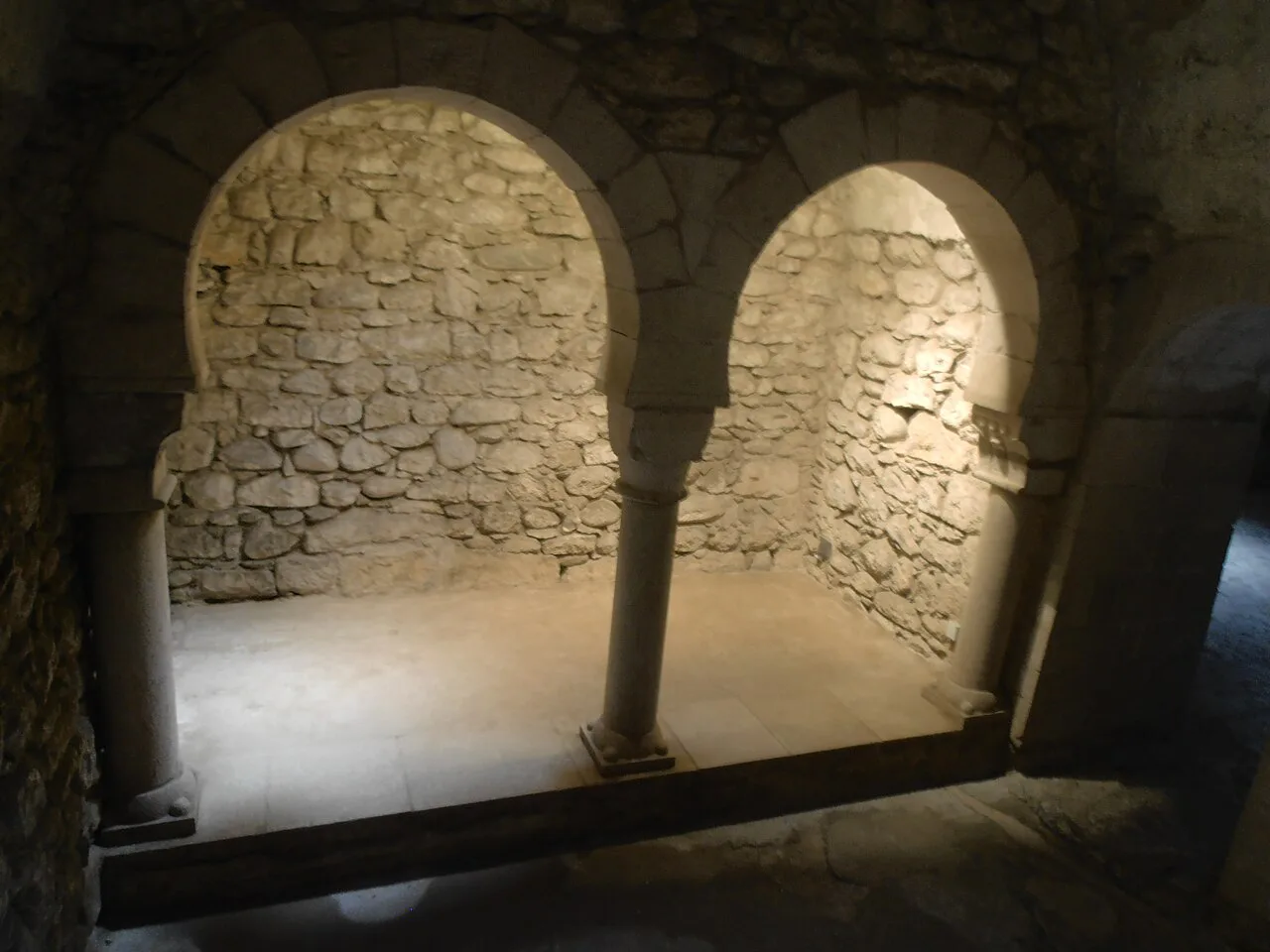 A double arch inside the Arab Baths of Girona.