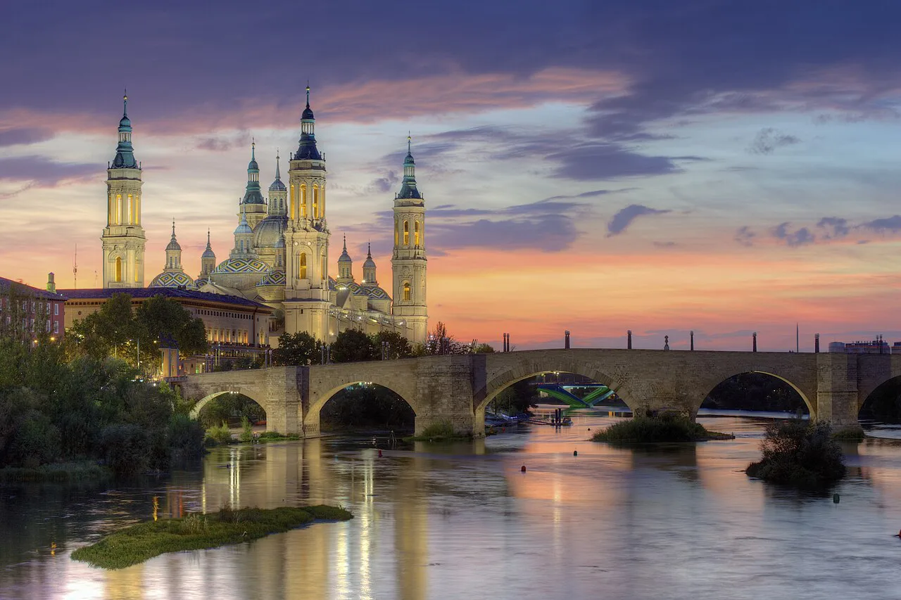 The Basilica of Our Lady of the Pillar and the Ebro at sunset, Zaragoza.