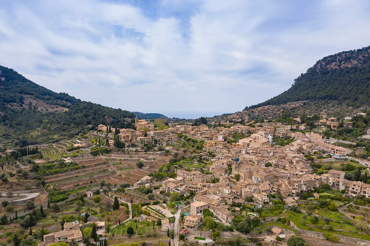 Aerial view of Valldemossa and its terraced valley, Mallorca.
