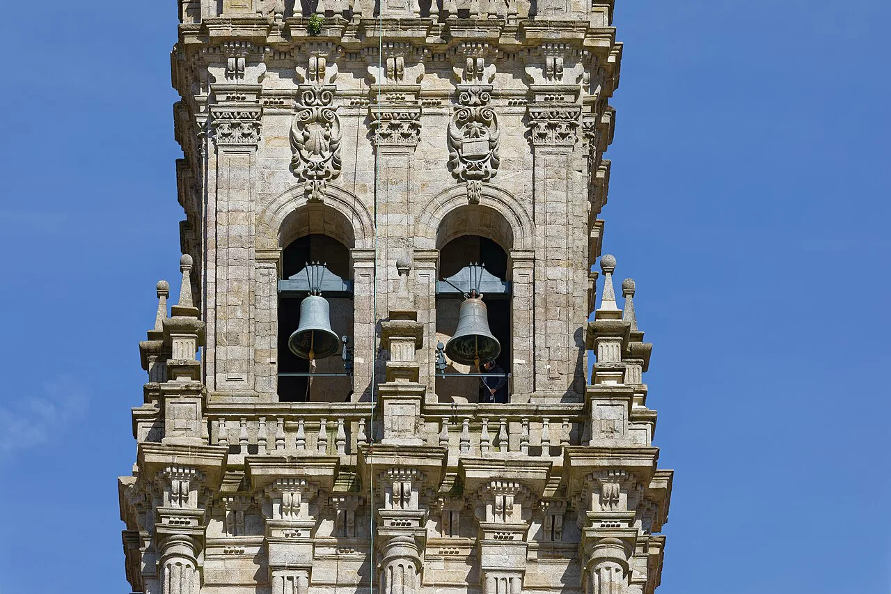A bell tower on the Obradoiro façade of Santiago de Compostela Cathedral.
