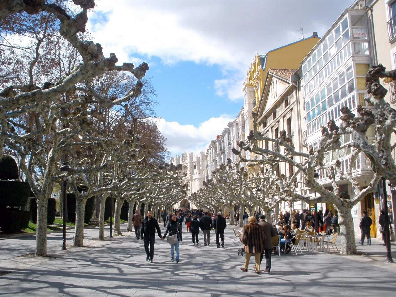 People strolling under plane trees on the Paseo del Espolón, Burgos.