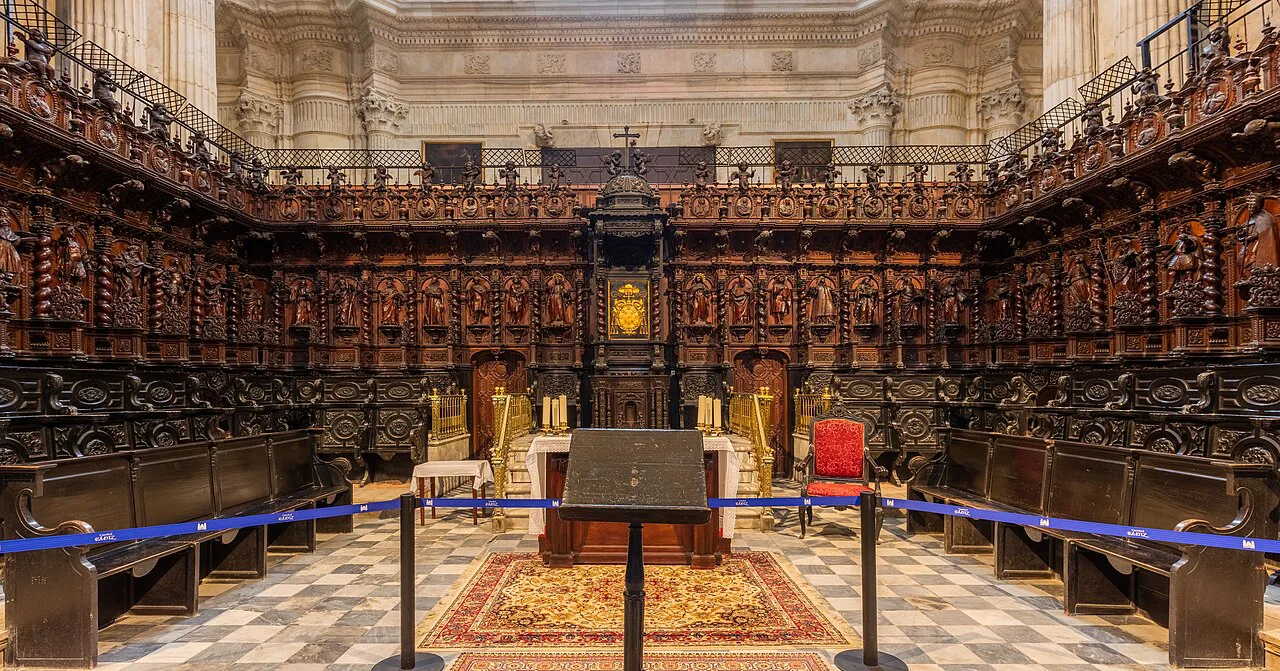 The carved choir stalls of Cádiz Cathedral.