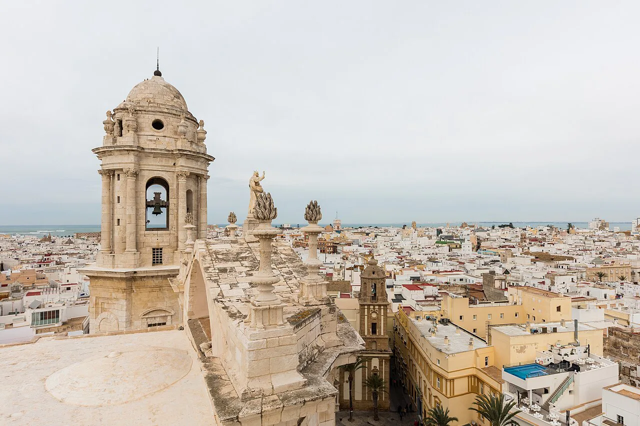 The rooftops of Cádiz seen from a bell tower.