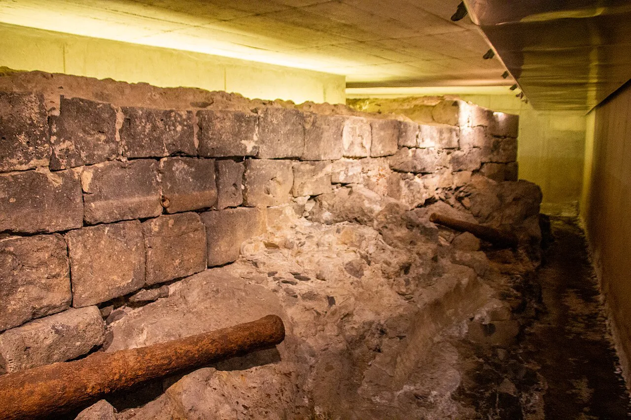 Excavated remains of the Castle of San Cristóbal with a cannon, Santa Cruz de Tenerife.