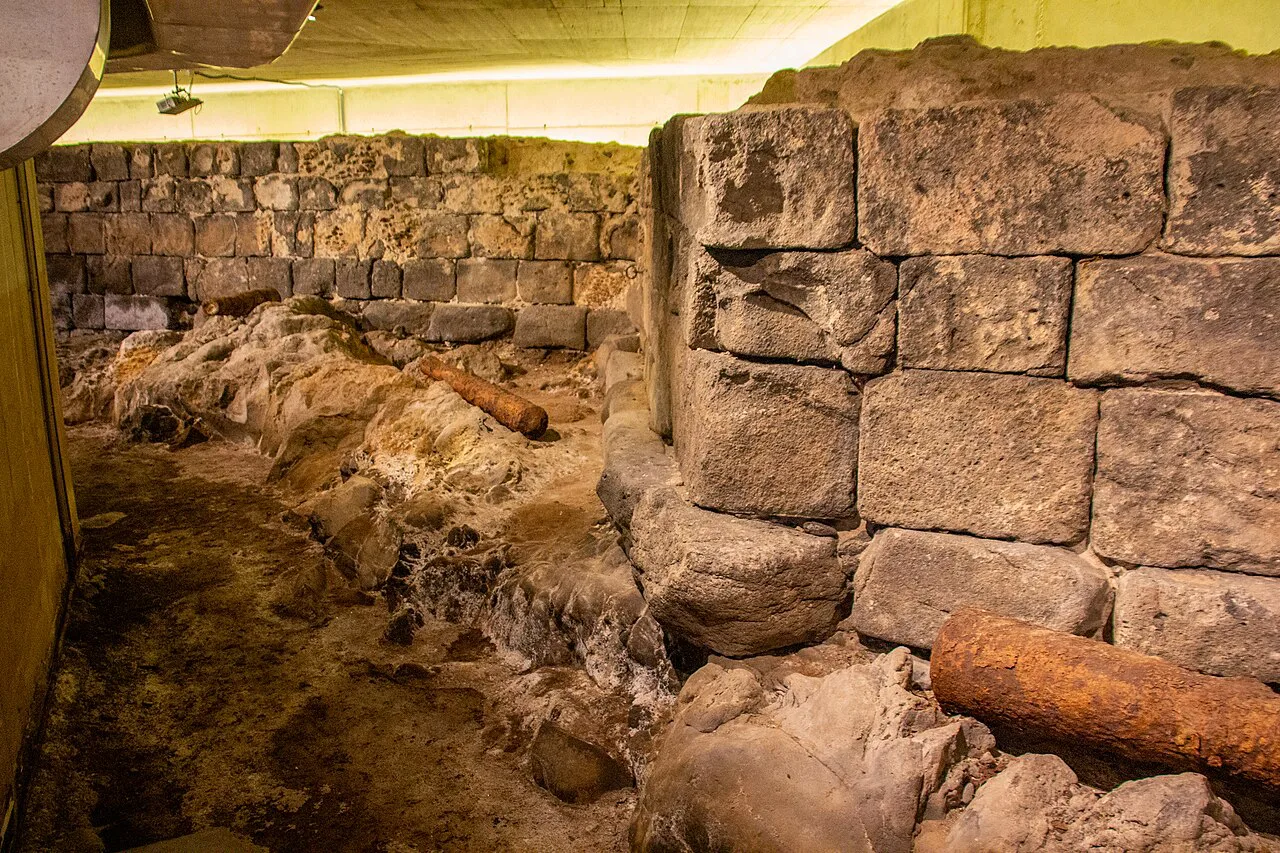 Excavated walls and a cannon of the Castle of San Cristóbal, Santa Cruz de Tenerife.
