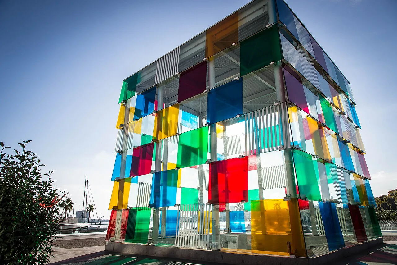 The coloured glass cube of the Centre Pompidou Málaga.