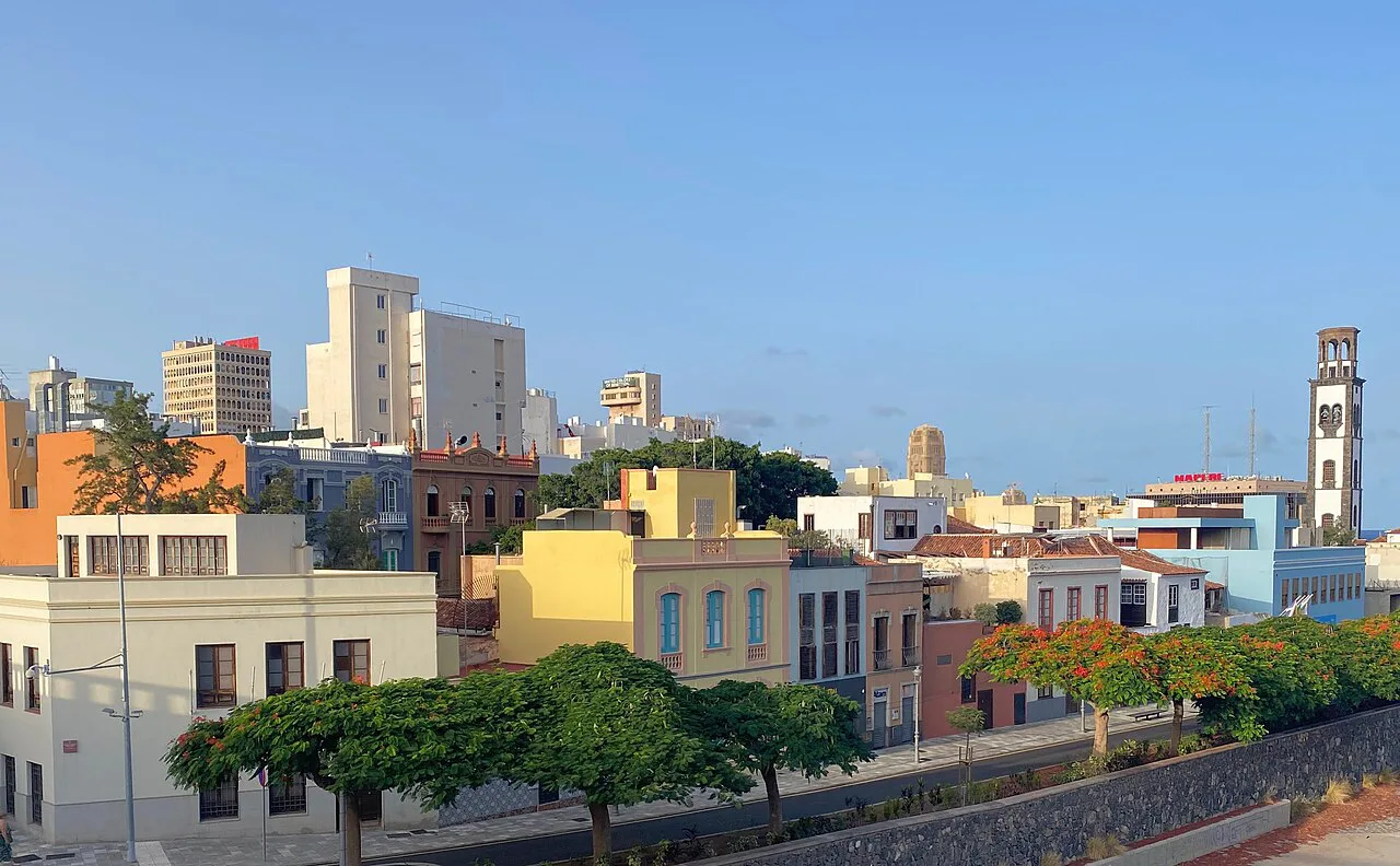 Santa Cruz de Tenerife rooftops with the bell tower of the Iglesia de Nuestra Señora de la Concepción on the right.