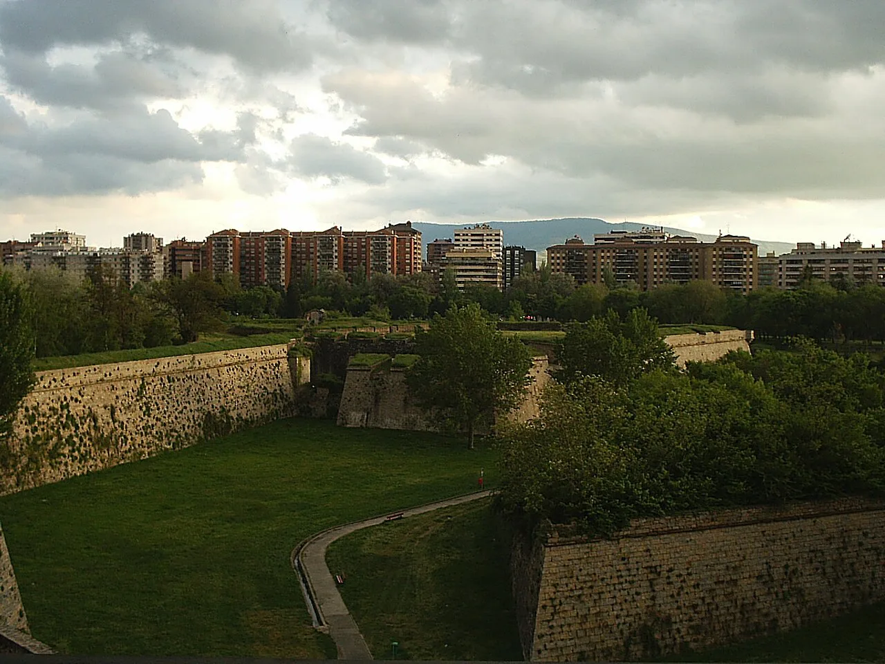 Grass-filled moat and bastions of the Citadel of Pamplona.