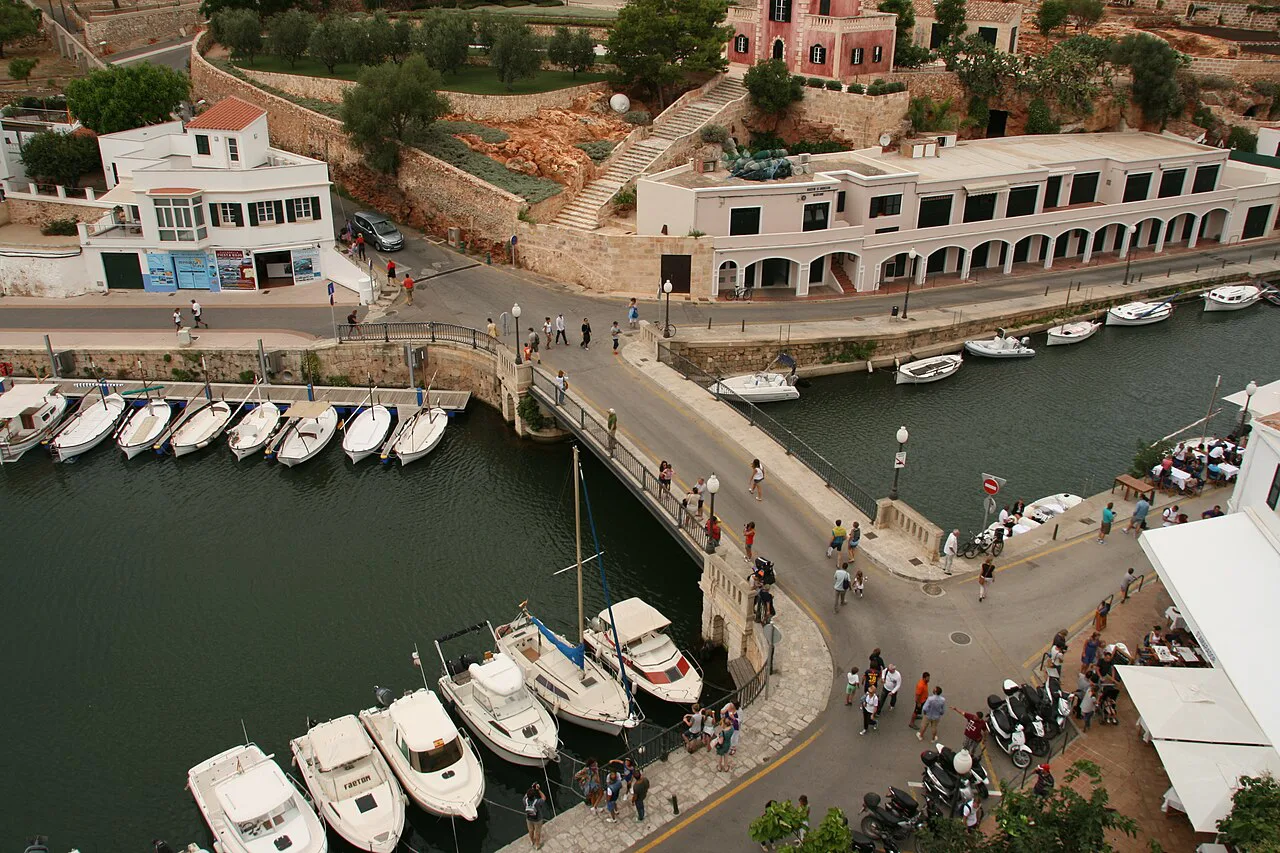 Boats and a bridge over the harbour of Ciutadella de Menorca.