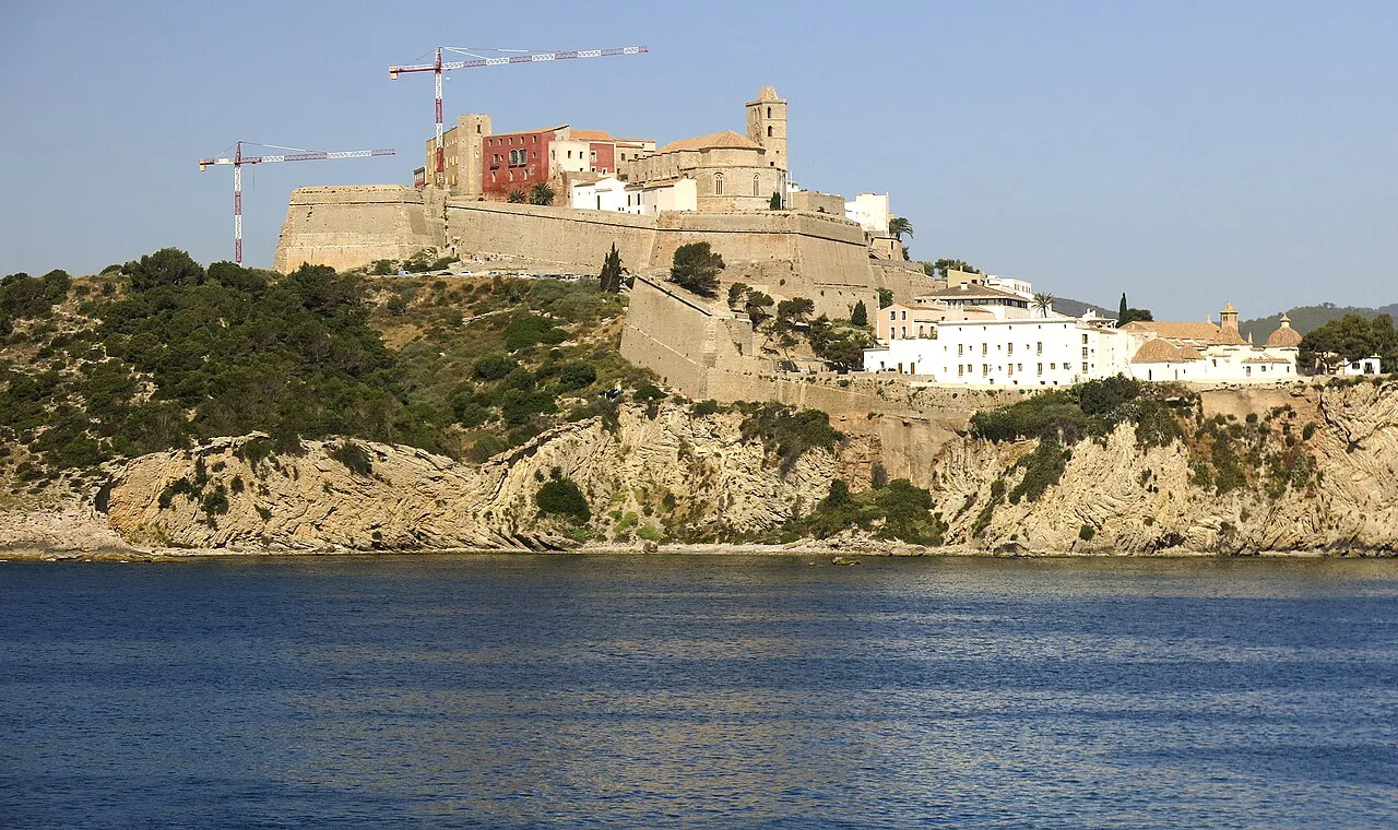 Dalt Vila and its walls seen from the sea, Ibiza.
