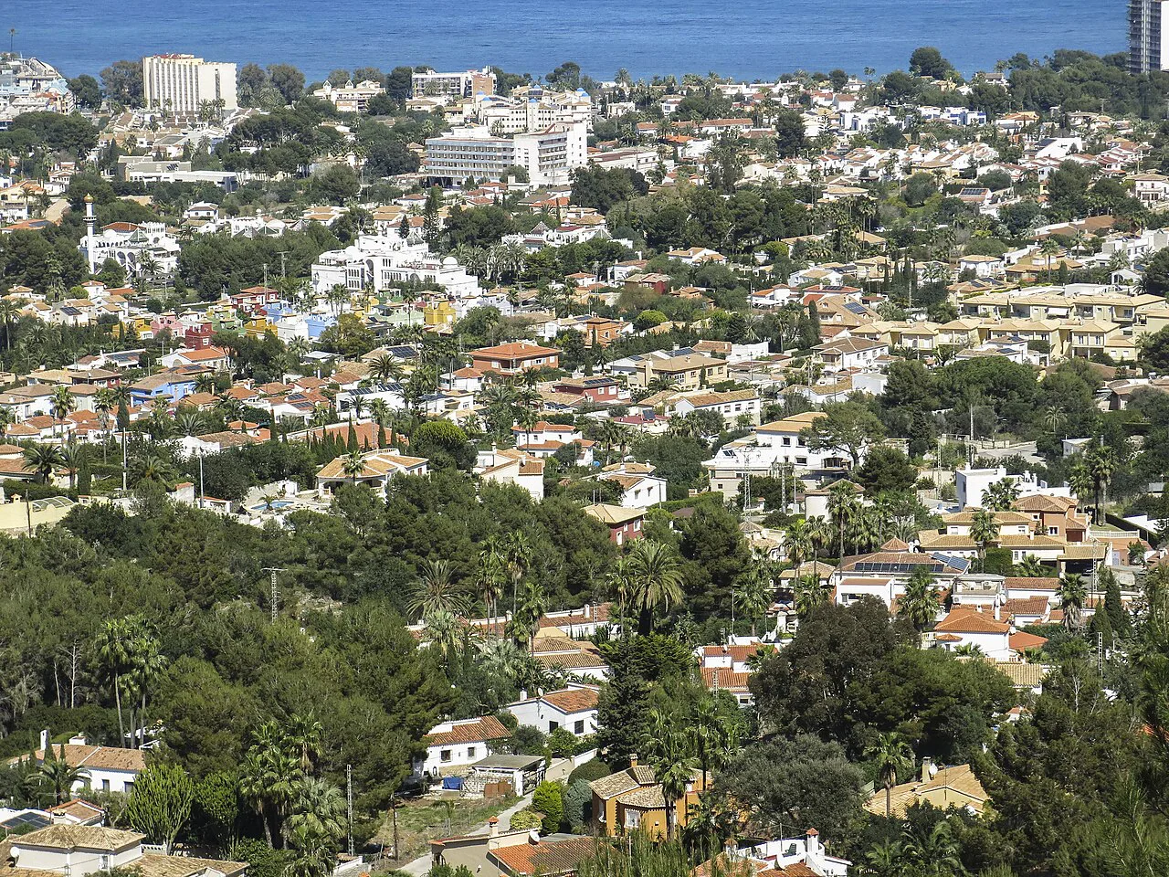 Houses among pines on the outskirts of Dénia, seen from the Montgó.