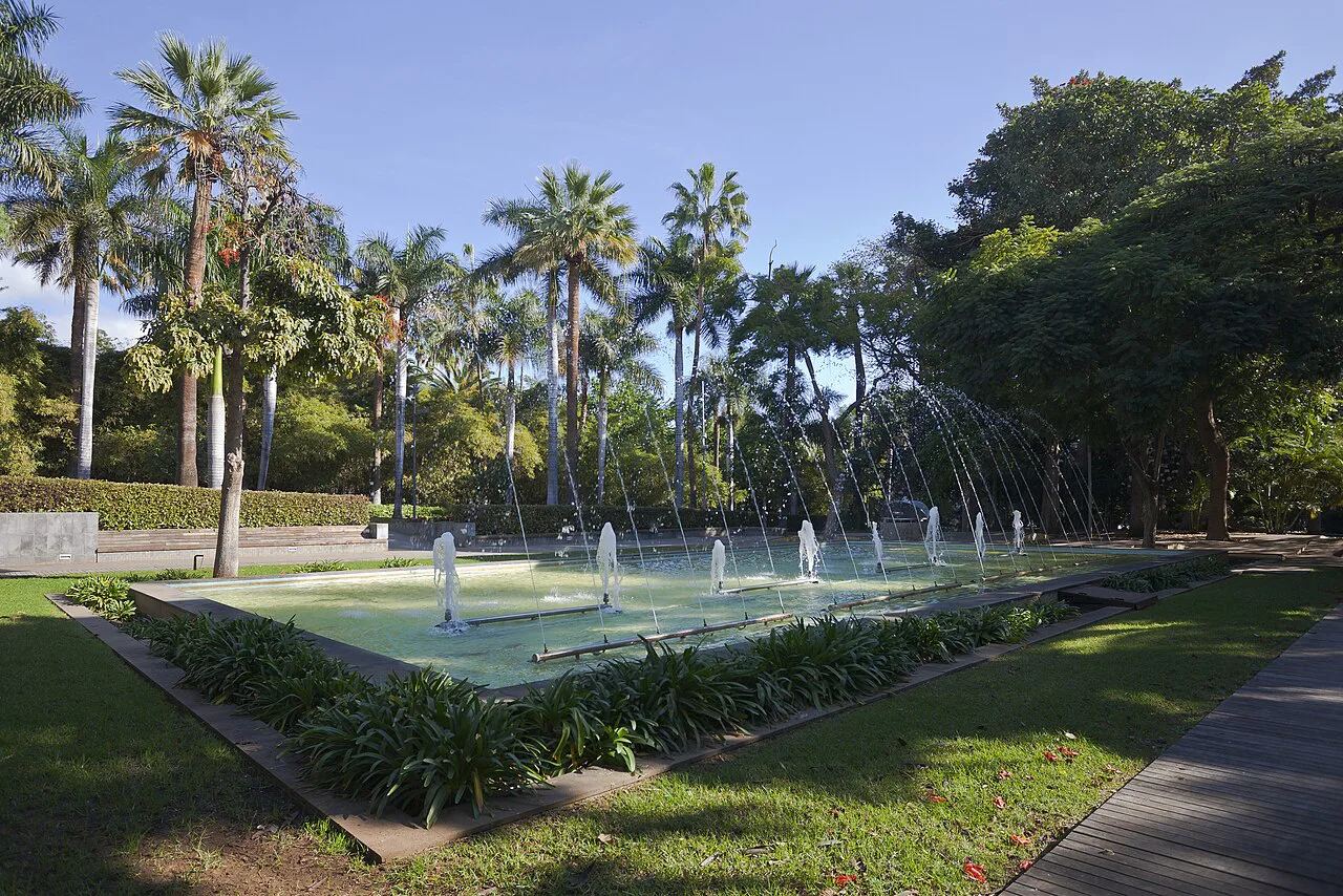 A fountain among palms in García Sanabria Park, Santa Cruz de Tenerife.