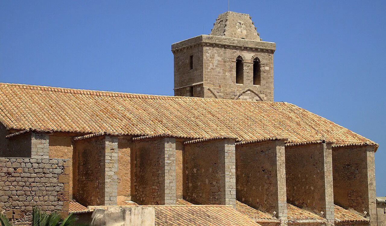 The bell tower and nave of Ibiza Cathedral.