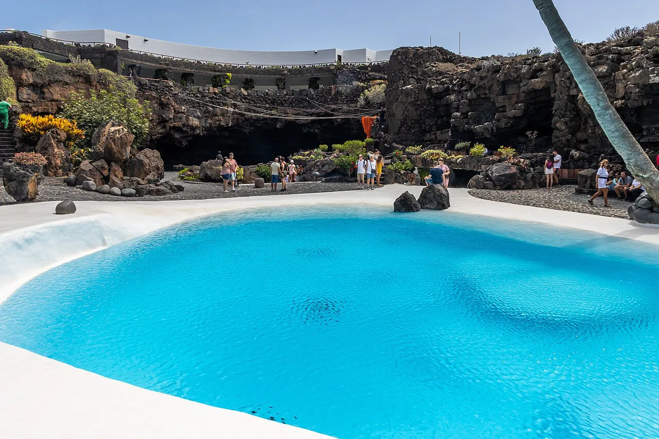 The white pool and volcanic walls of the Jameo Grande, Jameos del Agua.