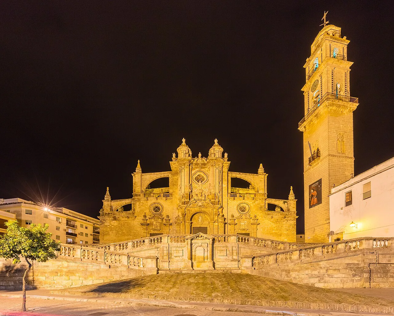Jerez Cathedral illuminated at night.