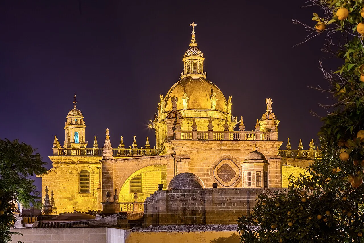 Jerez de la Frontera Cathedral floodlit at night.