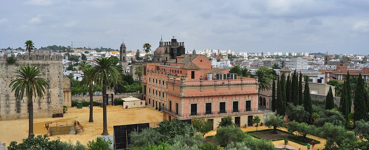 View over Jerez de la Frontera and the gardens of the Alcázar.