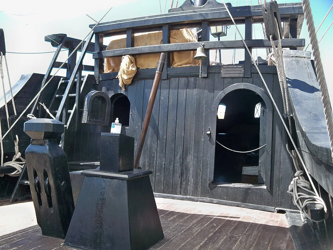 The stern castle of the Nao Victoria replica in the port of Málaga.
