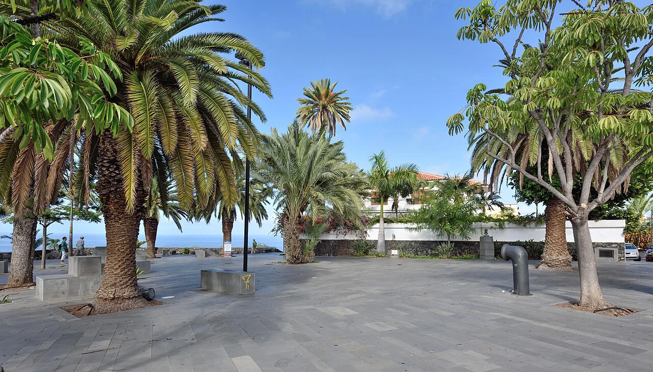 The palm-lined square of Mirador de La Paz in Puerto de la Cruz, Tenerife.