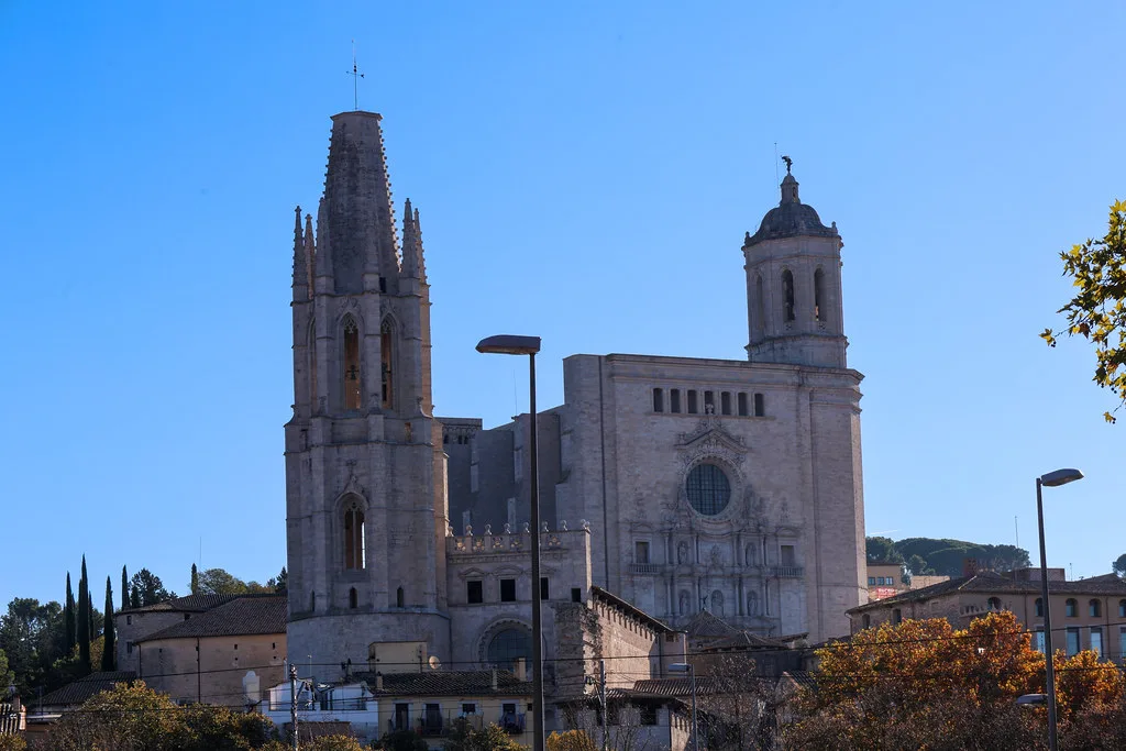 The Gothic bell tower of Sant Feliu and Girona Cathedral.