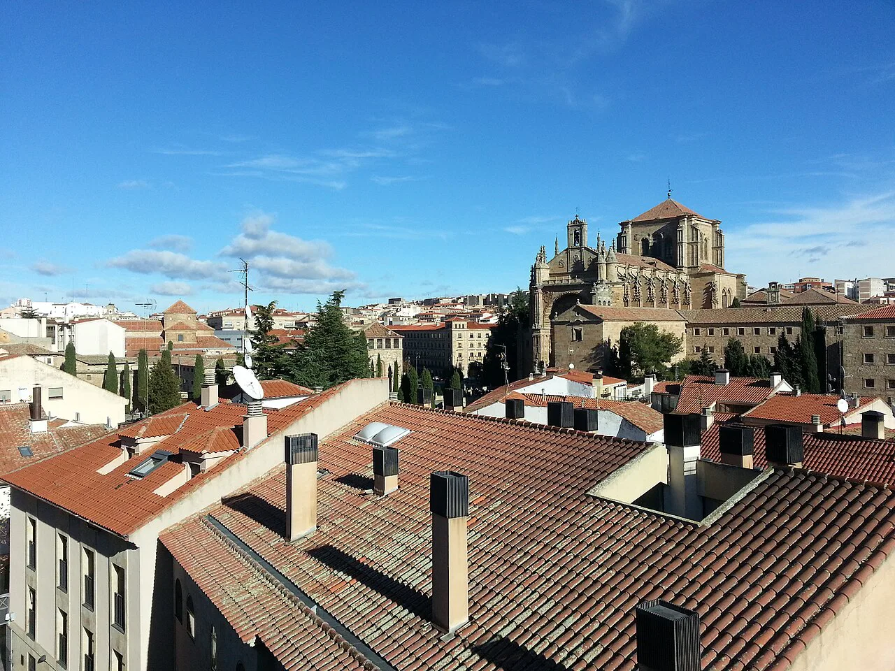Rooftops and church towers in Salamanca, seen from the Cuesta Carvajal.