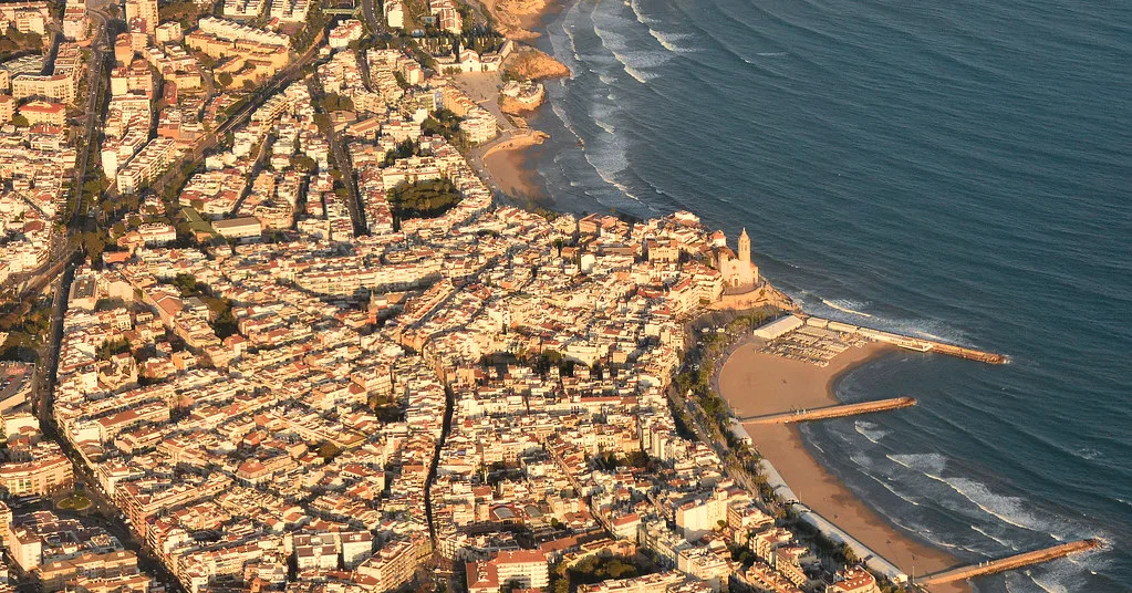Aerial view of Sitges and its beaches.