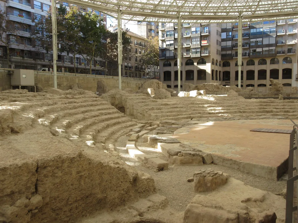 Roman ruins under the canopy of Zaragoza's Roman theatre museum.