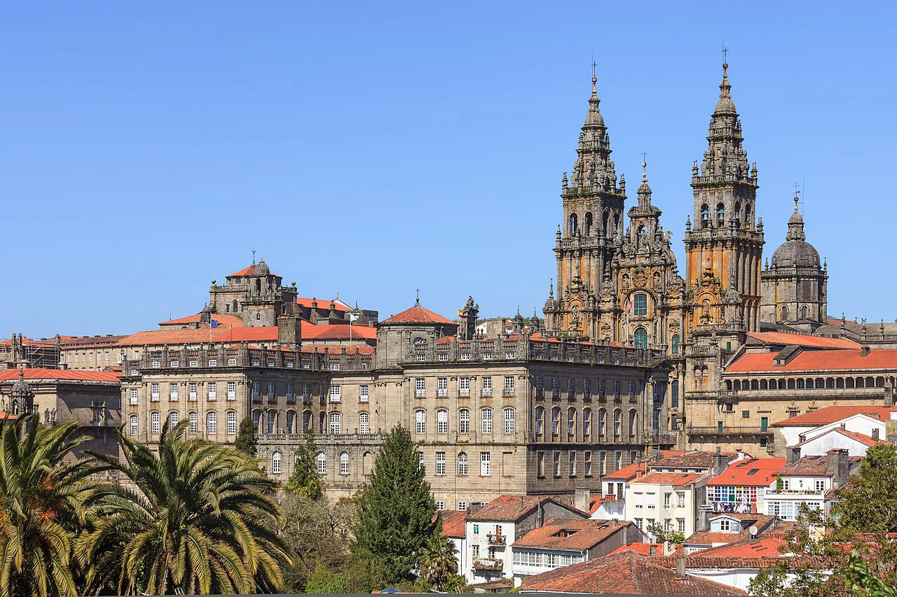 The Pazo de Raxoi and the cathedral's Obradoiro facade above Santiago de Compostela.