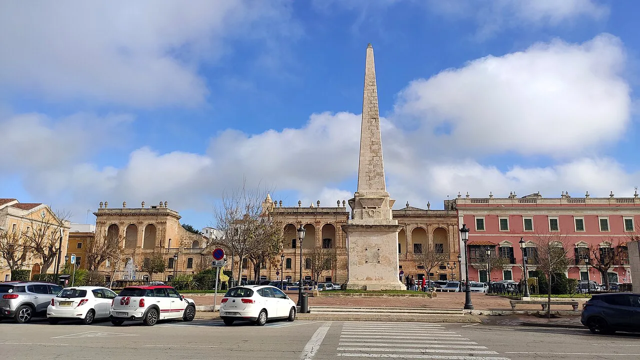 The obelisk and surrounding buildings of the Plaça des Born, Ciutadella de Menorca.