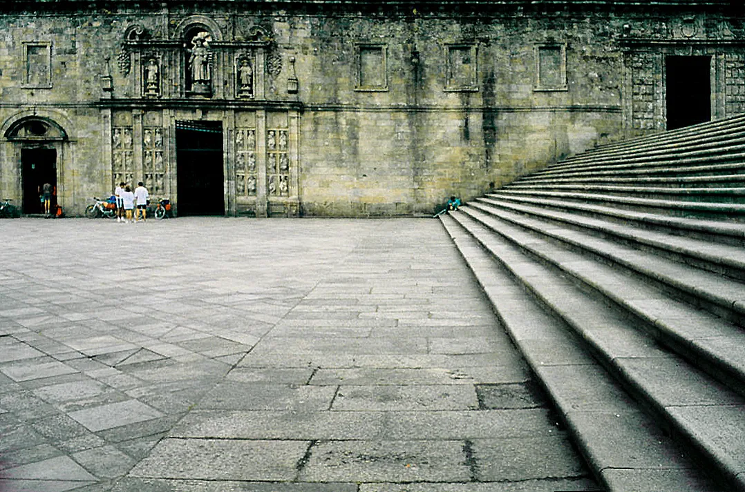 The stairway and side of the cathedral in Plaza de la Quintana, Santiago de Compostela.