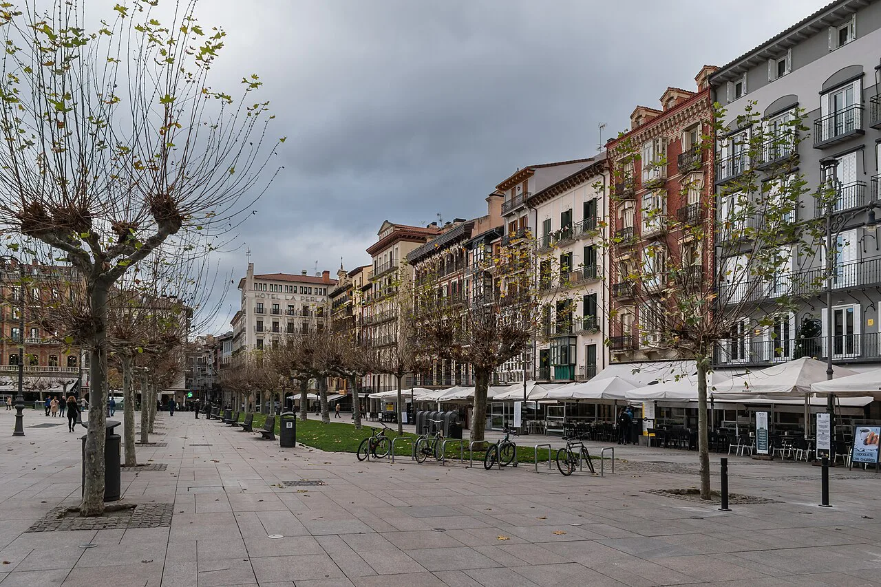 Tree-lined café terraces on the Plaza del Castillo in Pamplona.