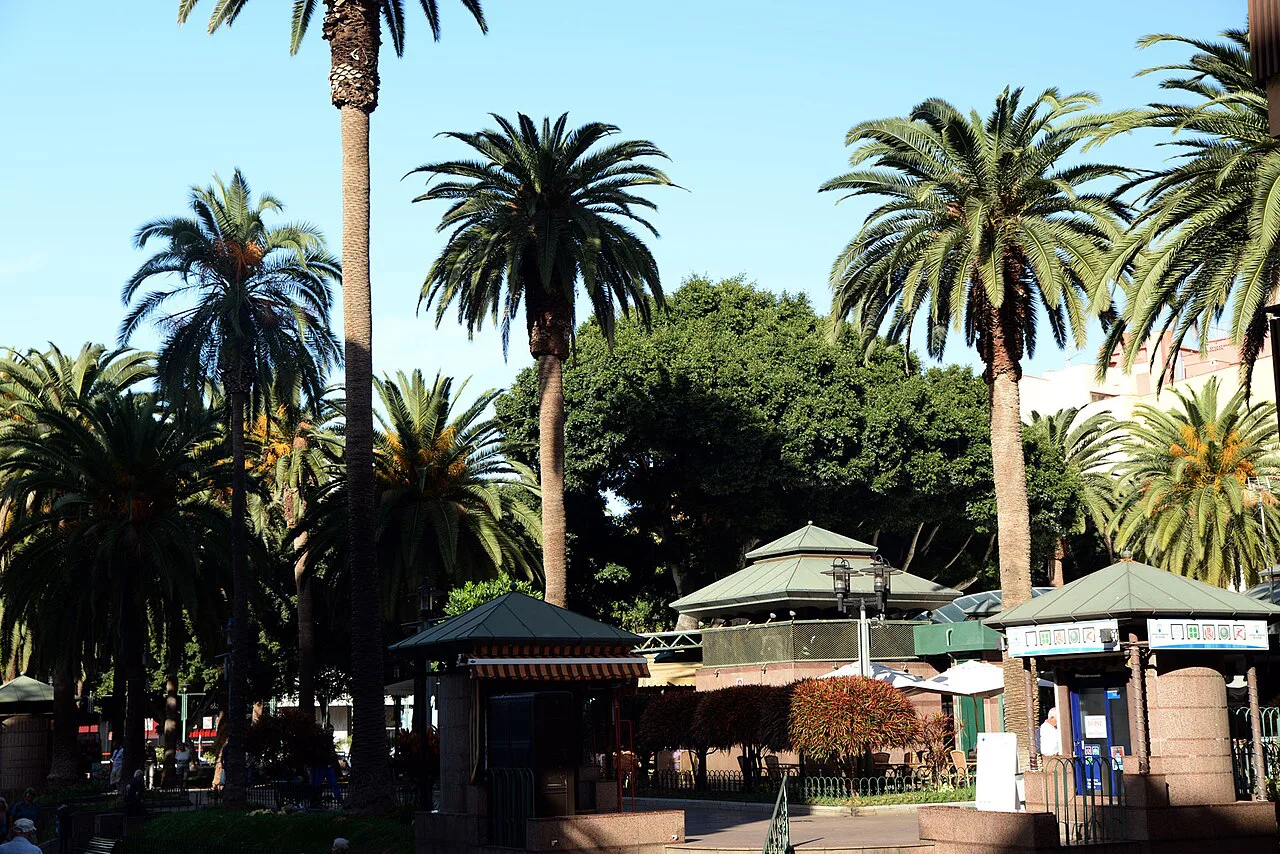 Palm trees and kiosks in the Plaza del Charco, Puerto de la Cruz.