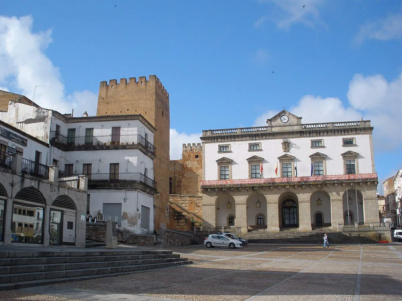 The Plaza Mayor of Cáceres with the Torre de Bujaco and the town hall.