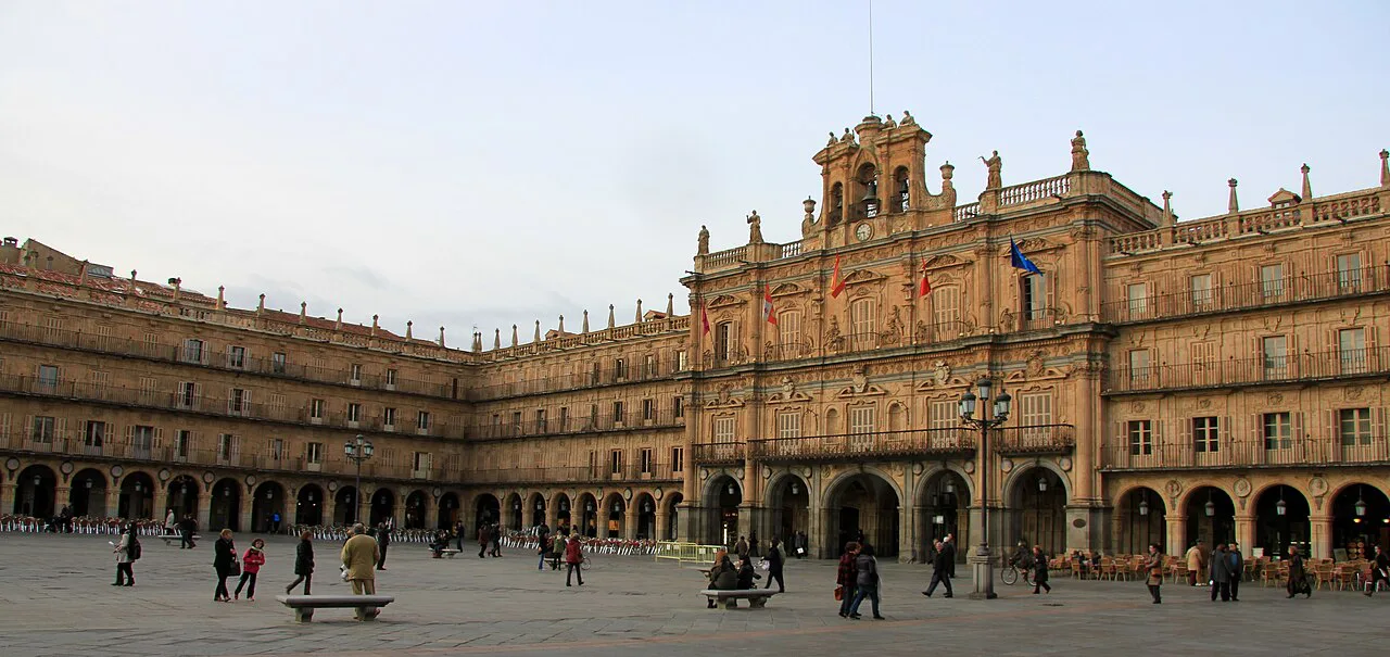 The Plaza Mayor of Salamanca with its baroque town hall façade.