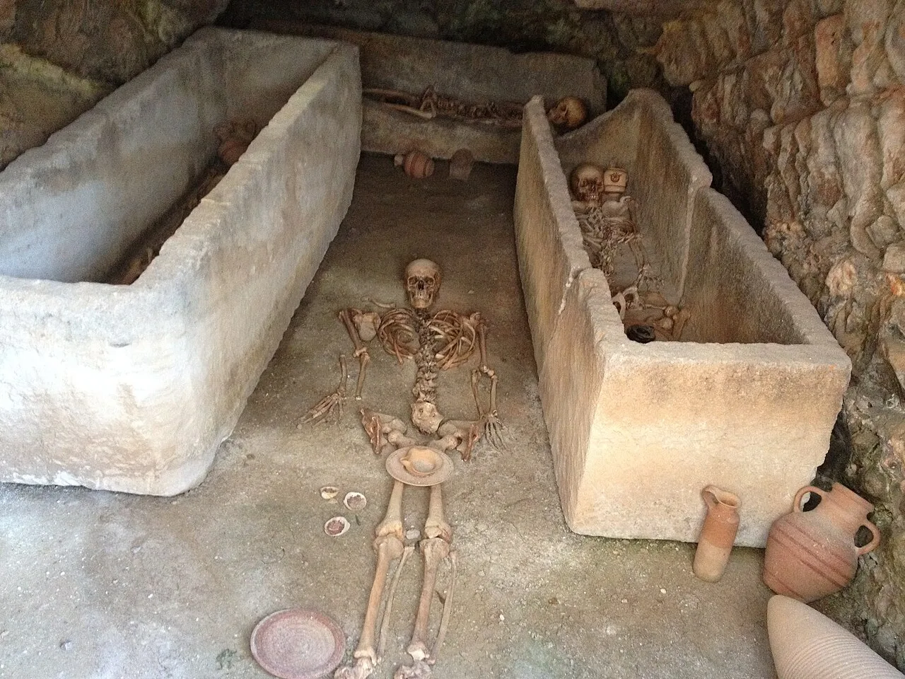 A hypogeum with a skeleton in the Puig des Molins necropolis, Ibiza.