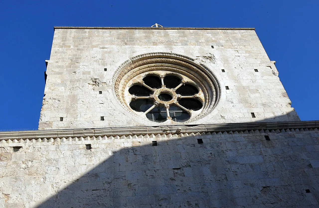 The west front and rose window of Sant Pere de Galligants, Girona.