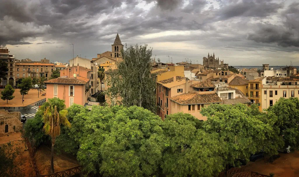 Terracotta rooftops of historic Palma de Mallorca.