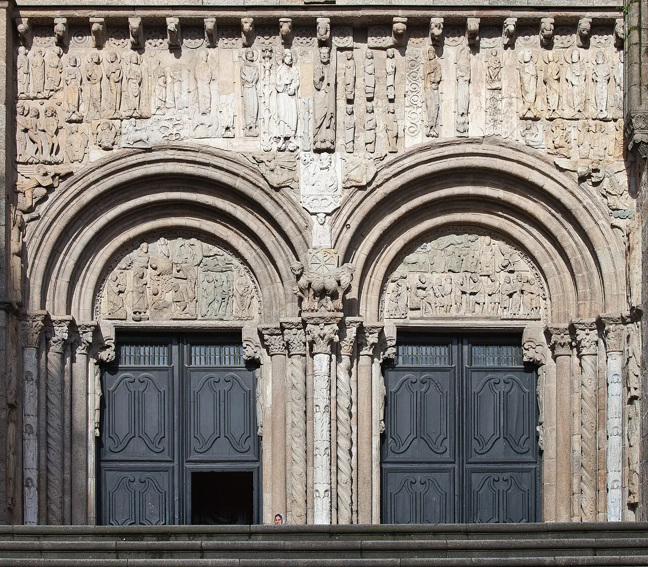 The twin doorways of the Platerías façade, Santiago de Compostela Cathedral.