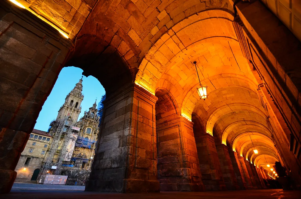 Santiago de Compostela Cathedral framed by an archway of the Pazo de Raxoi.