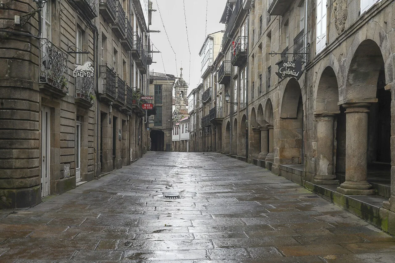 The arcaded Rúa Nova in Santiago de Compostela's old town.
