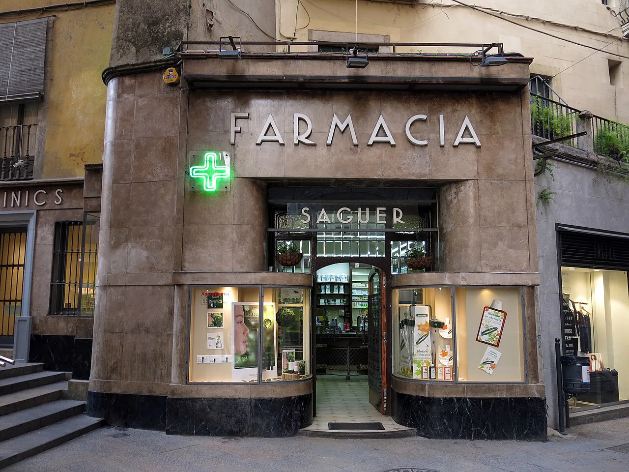 The modernist facade of the Farmàcia Saguer, Girona.