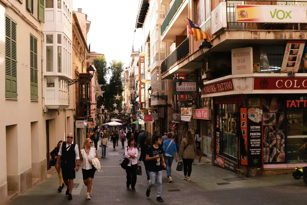 A busy shopping street in Palma de Mallorca.