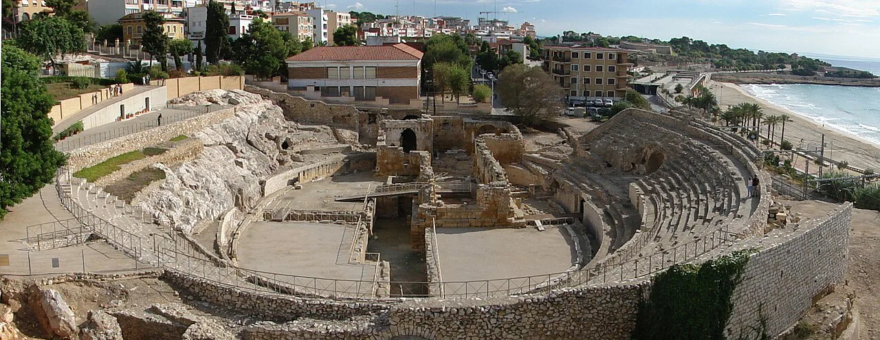 The Roman amphitheatre of Tarragona and the coast beyond.